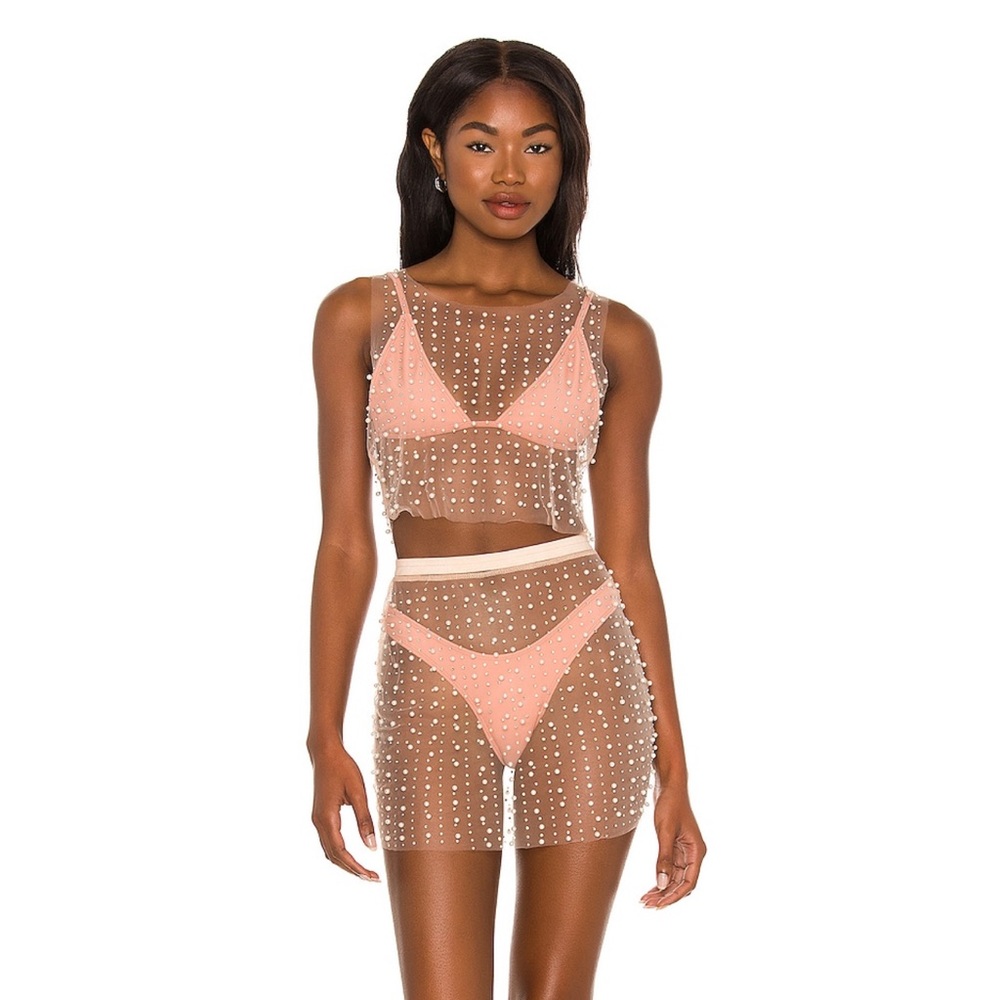 BEACH BUNNY Glitzy Girl Mesh Pearl Top & Skirt Set